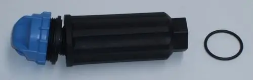 Rücklaufventil von Daikin für Verteiler in Fußbodenheizungen, schwarz mit blauer Kappe und O-Ring, zylindrische Form mit Gewinde.